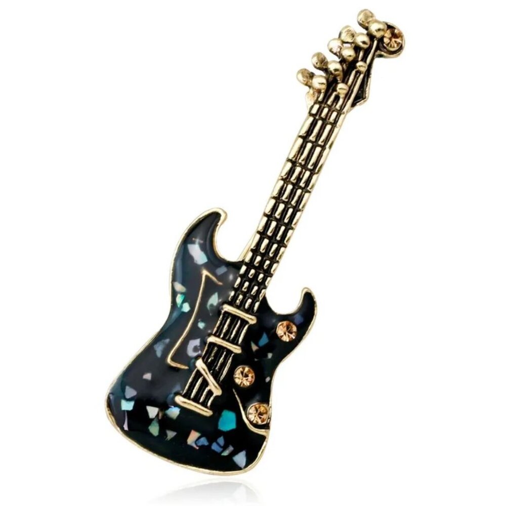 Electric Guitar Brooch Lapel Pin Black Enamel Gold Tone - Picture 1 of 1